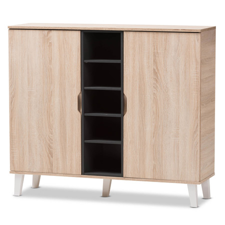Baxton Studio Adelina Mid-Century Modern 2-door Oak and Grey Wood Shoe Cabinet 138-7711